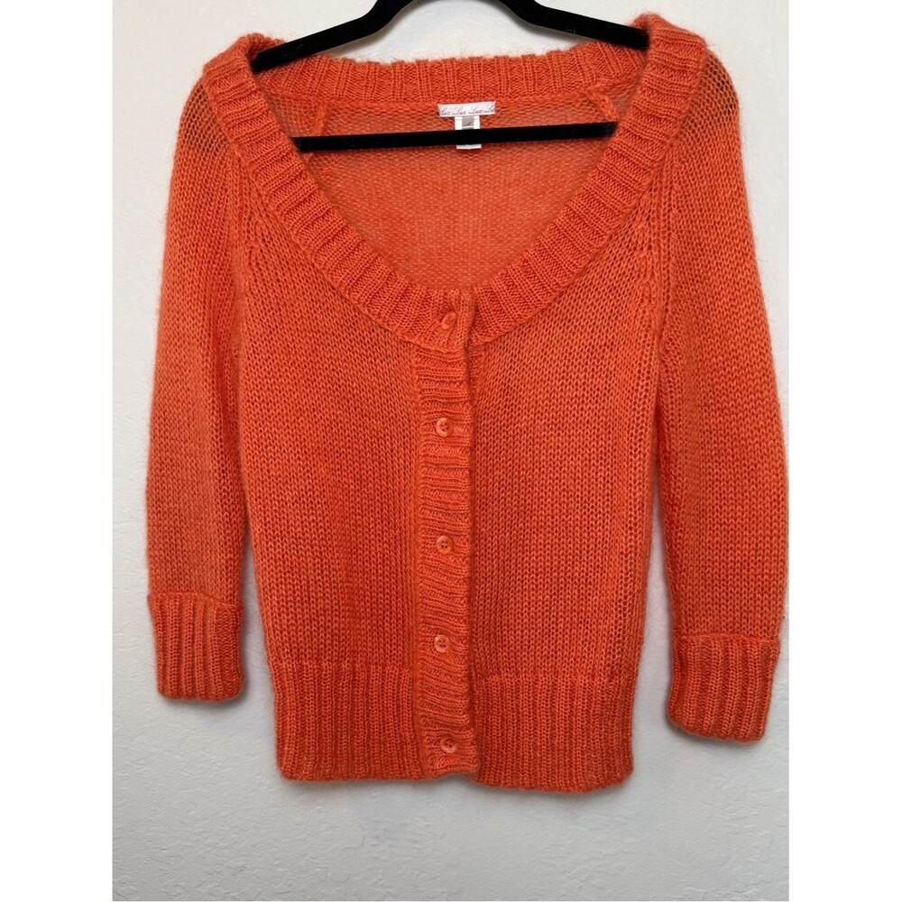 Lux Orange Mohair Blend Button-Front Knit Cardigan Sweater Size M Fuzzy Soft